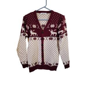 NOROZE Red & White Elk Snowflake XMAS Button Up Cardigan Sweater Unisex XL